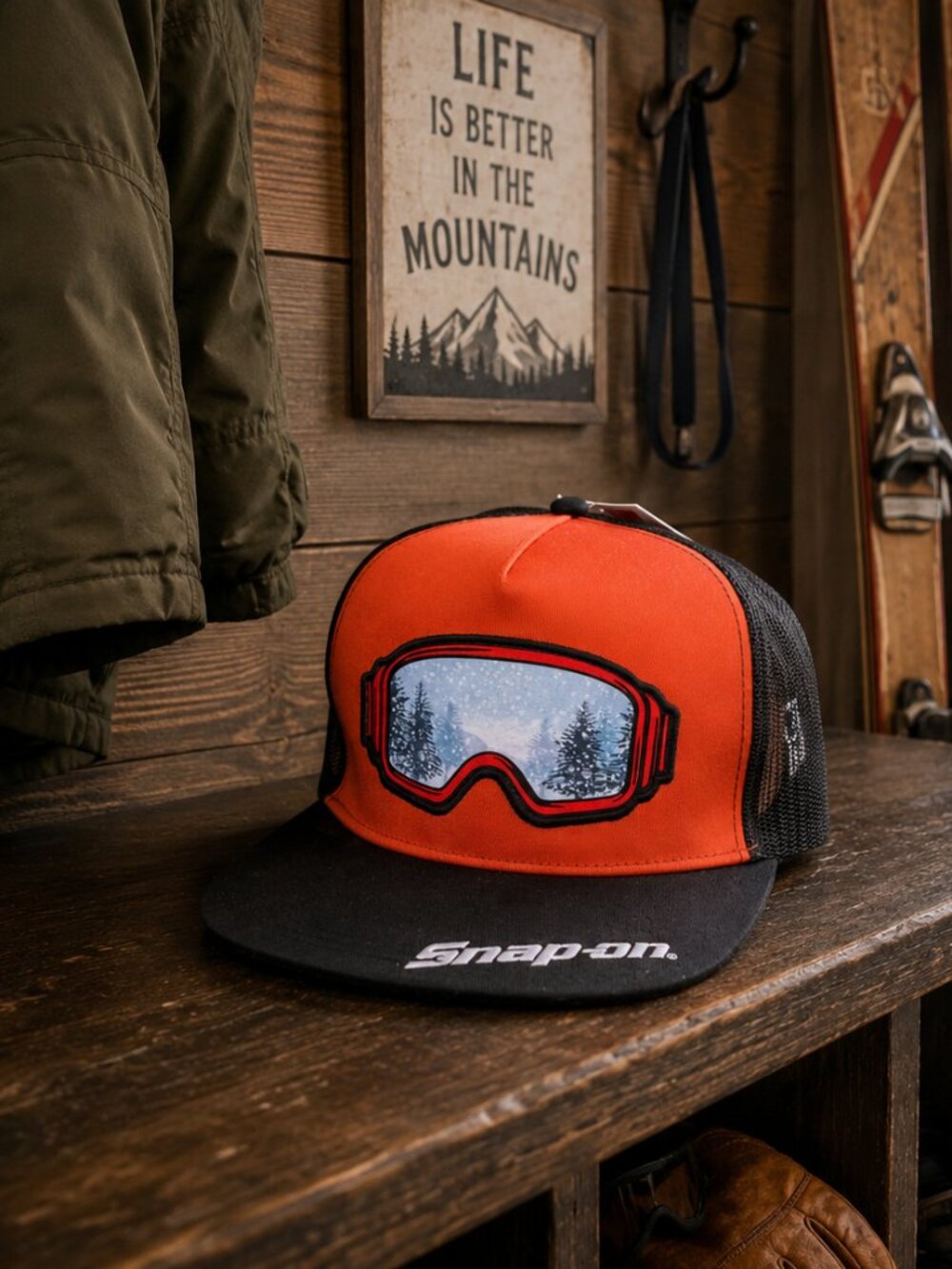 Snap-on Ski Goggles Trucker Hat Snapback Orange Black Mesh NWT Official